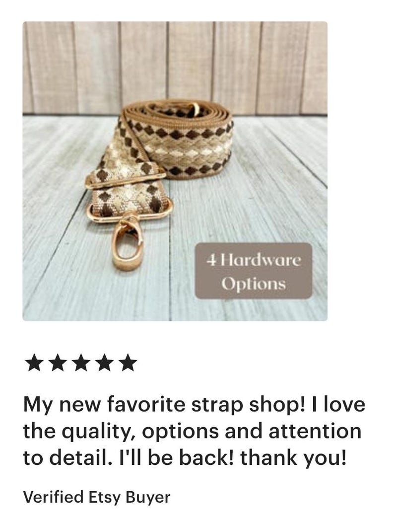 May include: A coiled bag strap featuring a woven geometric pattern in shades of beige, cream, and dark brown. The strap includes gold-toned metal hardware, specifically a swivel clasp and an adjustable slider. A text box reads 4 Hardware Options.