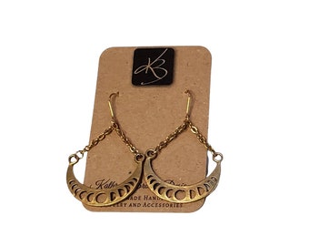 ORIGINALLY 32 DOLLARS - Raw Brass Intricate Half Moon Design Dangle Earrings, Dangle Earrings, Brass Earrings,  LongDangleEarrings