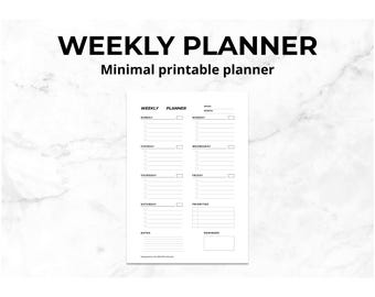 May include: A minimalist printable weekly planner on a white background with a marble pattern. The planner includes sections for each day of the week, notes, and reminders. The text "WEEKLY PLANNER" is at the top.