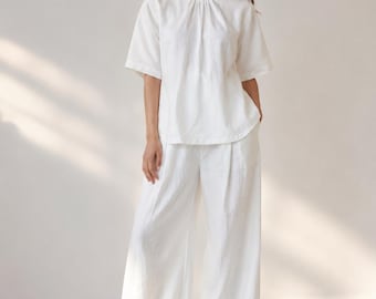 White Linen Cotton Set for Women, 2 Piece Wide Leg Pants Outfit, High Neck Linen Top, Summer Co Ord Set, Resort Wear, Vacation Outfit