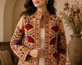 Vintage Peach Floral Embroidered Cotton Jacket | Boho Bomber Coat, Standing Collar, Artisan Made