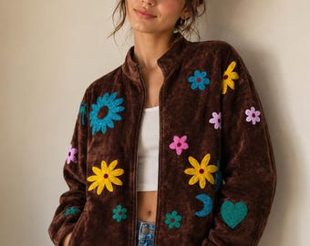 Brązowa aksamitna kurtka typu bomber z haftem, boho chic, niebiański płaszcz