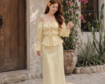 Off Shoulder Linen Blend Dress Set for Women, Yellow Co Ord Set, Smocked Peplum Top & Midi Skirt, Cottagecore Outfit, Vacation Resort Wear