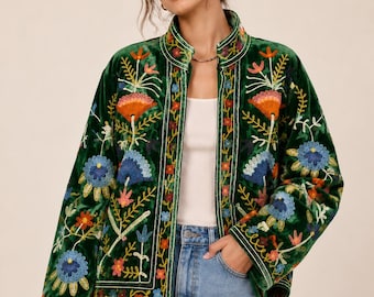 Hand Embroidered Velvet Bomber Jacket Women, Boho Floral Velvet Coat, Artisan Botanical Jacket, Luxury Velvet Outerwear