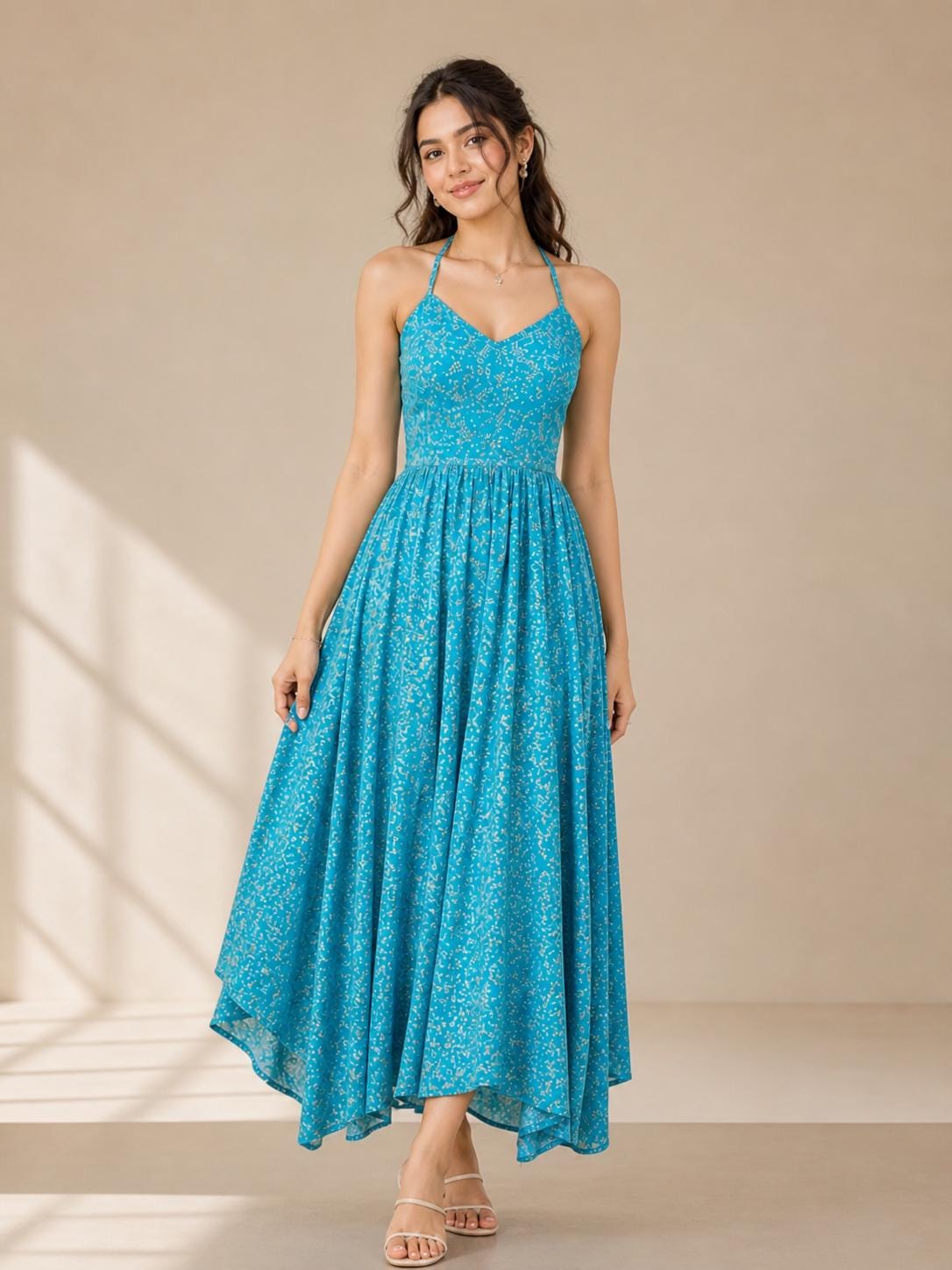 Turquoise Floral Silk Maxi Dress