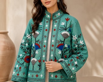 Boho Handmade Floral Embroidered Jacket Women – Cotton Bomber Coat, Ethnic Wedding Guest Jacket, Luxury Jaipur Artisan Outerwear