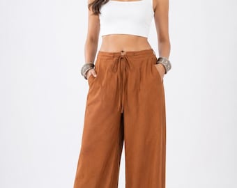 Loungebroek met wijde pijpen van 100% katoen – Boho zomerbroek met trekkoord in de taille.