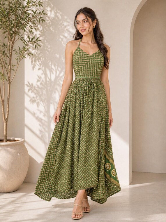 green geometric maxi dress Habotai Silk Dress, Vintage Indian Saree Silk Gown, Handmade Boho Dress, Sustainable Luxury Resort Wear Collection-Halloween-Fairy-Unicorn