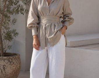 Linen Wrap Waist Blouse for Women, Oversized Button Down Shirt, Long Sleeve Linen Top, Casual Office Shirt, Minimalist Boho Tunic,