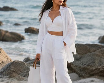 White Linen Cotton 3 Piece Set, Bralette Shirt Wide Leg Pants, Resort Wear