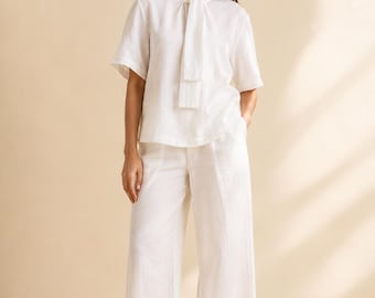 White Cotton Co Ord Set, Wide Leg Pants, Tie Neck Top, Resort Wear