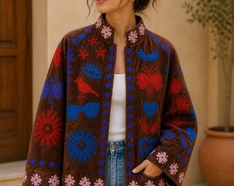 Handmade Velvet Bomber Jacket, Embroidered Heart Bird Nature Motifs, Boho Chic Style