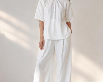 Women's Linen Cotton 2 Piece Set, Linen Wide Leg Pants & Tie Neck Top, Handmade Summer Co-Ord Set, Casual Outfit