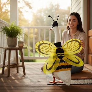 Puede incluir: Un disfraz de abeja para ganso, con alas amarillas y negras, un sombrero negro con antenas y un cuerpo a rayas negro y amarillo. La escena tiene lugar en un porche, con una mujer en el fondo.