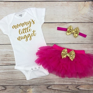 Mommy&#39;s Little Nugget Baby Girl Outfit, Glitter Gold and Hot Pink Baby Girl Outfit, Newborn Coming Home Outfit