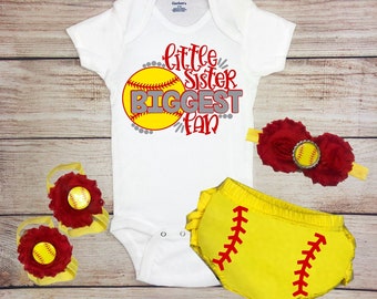 Little Sister Biggest Fan Baby Girl Softball Outfit, Little Sister Softball Clothes, Little Sister Softball Set