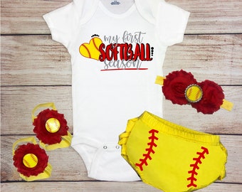 My First Softball Season Baby Girl Softball Outfit, Softball Baby Girl Clothes, Baby Girl 1st Softball Set