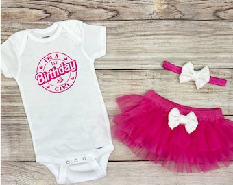 Baby Girl Hot Pink 1st Birthday Outfit, Hot Pink First Birthday Onesie®, Cake Smash Photo Outfit