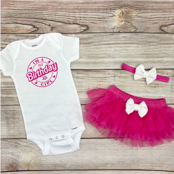 Baby Girl Hot Pink 1st Birthday Outfit, Hot Pink First Birthday Onesie®, Cake Smash Photo Outfit