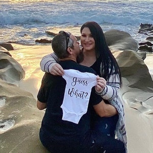 Guess What Pregnancy Announcement Onesie®, Pregnancy Reveal Onesie®, Cute Pregnancy Announcement