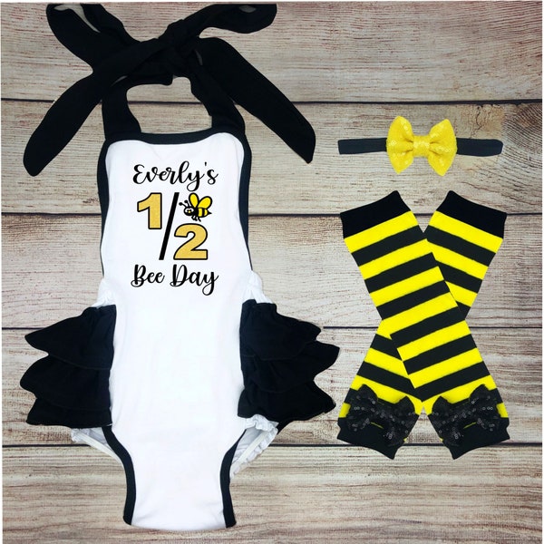 Personalized Half Bee Day Baby Girl Outfit, Baby's 6 Month Birthday, Bumblebee Half Birthday Romper, Baby Girl Honey Bee 1/2 Birthday