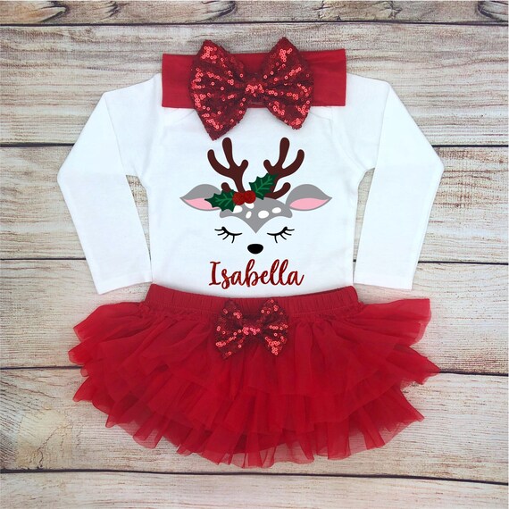 Reindeer Baby Girl Christmas Outfit, Personalized Baby Girl