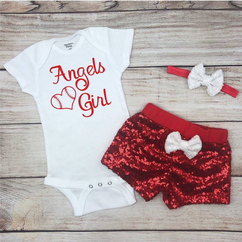 Baseball Baby Bodysuit Sparkly Baseball Baby Girl Clothes Angels Girl Baseball Game Day Outfit Red and White Baseball Baby Outfit