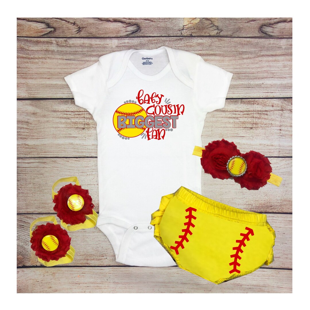 Baby Cousin Biggest Fan Baby Girl Softball Outfit, Baby Girl Softball