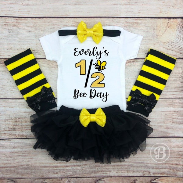 Personalized Half Bee Day Baby Girl Outfit, Baby's 1/2 Birthday, Bumblebee 6 Month Birthday, Baby Girl Honey Bee Half Birthday Outfit