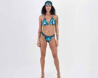 Mermaid Teal 3-teiliges gehäkeltes Bikini Set mit Bandana Handmade Boho Beachwear