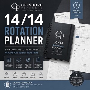 Könnte beinhalten: Ein schwarzer, spiralgebundener 14/14 Rotationsplaner mit weißem Text und Logo. Enthält digitale PDF-Seiten für monatliche, tägliche und Gewohnheitsverfolgung. Symbole für Offshore-, Marine- und Bauindustrie. Druckbar in A4, A5 und Letter-Größe.