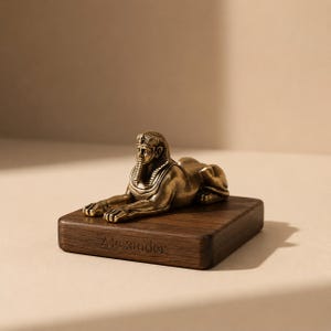 May include: A bronze-colored sphinx statue resting on a dark wooden base. The base is rectangular and has the name "Alexander" engraved on it. The sphinx is detailed with a regal headdress and a serene expression.
