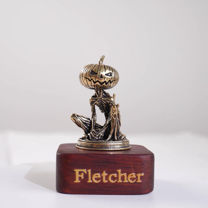 Miniature Brass Jack O Lantern Skeleton Figurine, Gothic Halloween Decor, Spooky Desk Accessory, Gift for Horror Fans and Oddity Collectors image 1