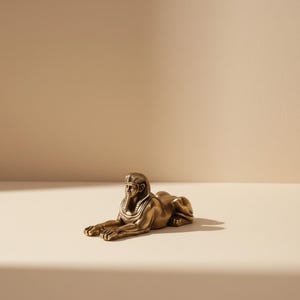 May include: A bronze sphinx figurine, a mythical creature with a lion's body and a human head. The sculpture has detailed facial features and an elaborate headdress. The sphinx is lying down on a white surface, with a shadow cast.