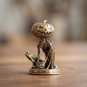 Miniature Brass Jack O Lantern Skeleton Figurine, Gothic Halloween Decor, Spooky Desk Accessory, Gift for Horror Fans and Oddity Collectors image 5