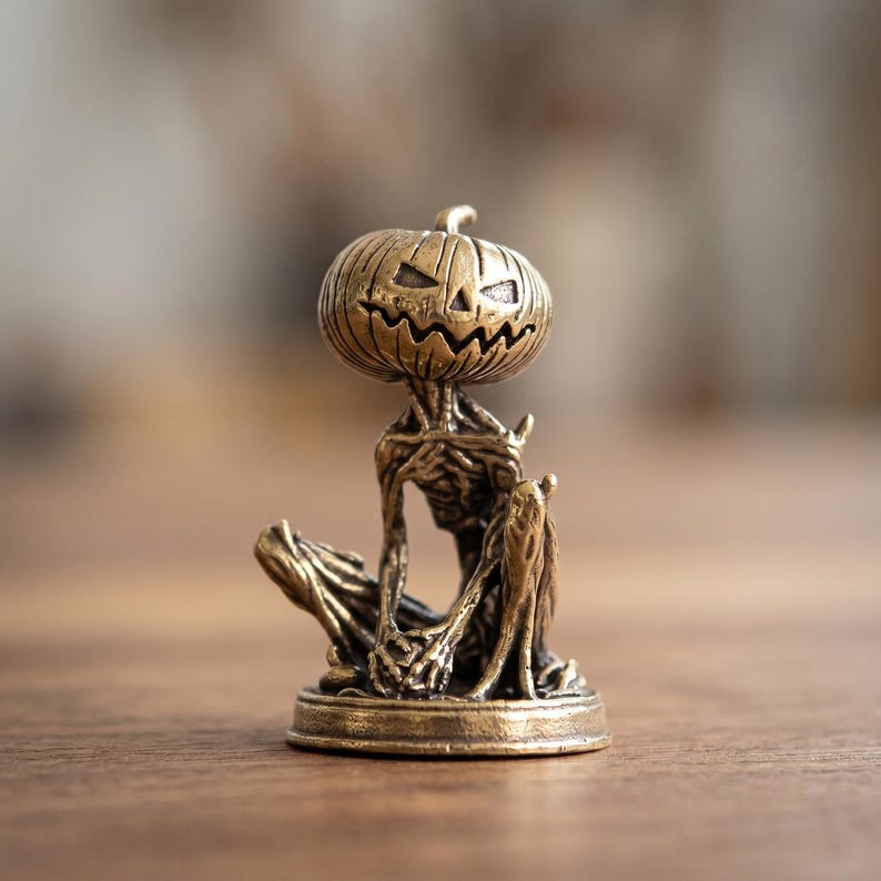 Miniature Brass Jack O Lantern Skeleton Figurine, Gothic Halloween Decor, Spooky Desk Accessory, Gift for Horror Fans and Oddity Collectors image 5