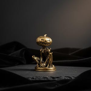 May include: A small, metallic, brass-toned figurine depicting a seated, skeletal creature with a pumpkin head. The figure features a carved, grinning jack-o'-lantern face, thin limbs, and a textured, weathered finish, all mounted on a circular base.