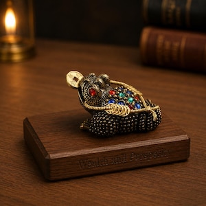 Può includere: Statuetta a forma di rana color bronzo con dettagli di gioielli rossi, blu e verdi, che tiene in bocca una moneta. Poggia su una base di legno scuro con la scritta "Wealth and Prosperity". Un oggetto decorativo.