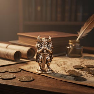 May include: A bronze-colored figurine of a Viking warrior holding a sword, standing on a map. The figurine has a horned helmet and detailed armor. The scene includes coins, rolled scrolls, a book, and an inkwell with a quill, suggesting a historical or fantasy theme.