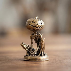 Miniature Brass Jack O Lantern Skeleton Figurine, Gothic Halloween Decor, Spooky Desk Accessory, Gift for Horror Fans and Oddity Collectors image 4