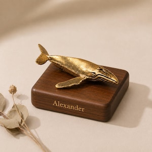 Mini Brass Whale Figurine Statue, Hand Cast Solid Brass Whale Statue, Golden Nautical Ocean Animal Decor, Desk Shelf Ocean Lovers Gift