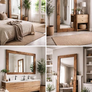 Collage showing a reclaimed wood mirror styled in a bedroom, hallway, bathroom and living room, demonstrating versatility of a handmade solid timber statement mirror.
