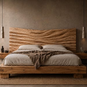 Luxury Solid Oak Bed Frame | Hand Carved Flow Headboard | Handmade Wooden Platform Bed
