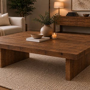 May include: A large, square, low-profile coffee table crafted from medium-brown wood with a visible grain texture. The table features a thick, flat tabletop supported by two wide, solid rectangular block legs on each side, creating a sturdy base.