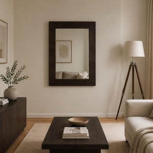 Puede incluir: Un sal&oacute;n con una mesa de centro de madera oscura, un gran espejo rectangular con marco oscuro y una l&aacute;mpara de pie con tr&iacute;pode. Se ve un sof&aacute; beige con cojines y una manta. Un jarr&oacute;n con vegetaci&oacute;n est&aacute; sobre un mueble de madera oscura.