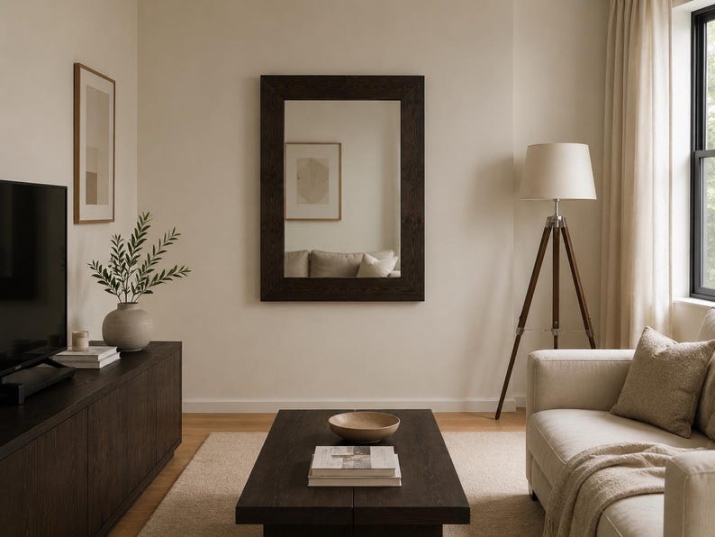 Puede incluir: Un sal&oacute;n con una mesa de centro de madera oscura, un gran espejo rectangular con marco oscuro y una l&aacute;mpara de pie con tr&iacute;pode. Se ve un sof&aacute; beige con cojines y una manta. Un jarr&oacute;n con vegetaci&oacute;n est&aacute; sobre un mueble de madera oscura.