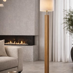 Minimalistisk golvlampa i ek | Smal stående lampa i massivt trä | Handgjord hållbar belysning 120 centimeter