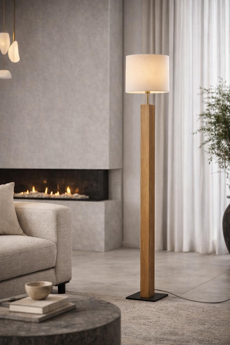 Minimalistisk golvlampa i ek | Smal stående lampa i massivt trä | Handgjord hållbar belysning 120 centimeter