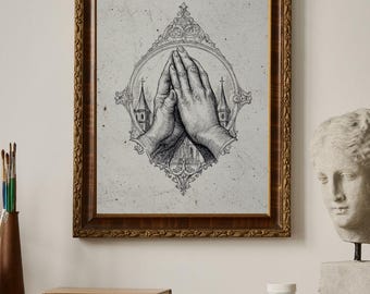 Gothic Praying Hands Art Print, Fine Line Religious Illustration, Dark Christian Wall Art, Vintage Printable