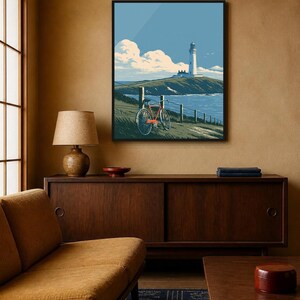 Japanese Wall Art Printable, Lighthouse Coastal Landscape Poster, Vintage Red Bicycle Print, Seaside Art, Digital Download, 5 Sizes image 9